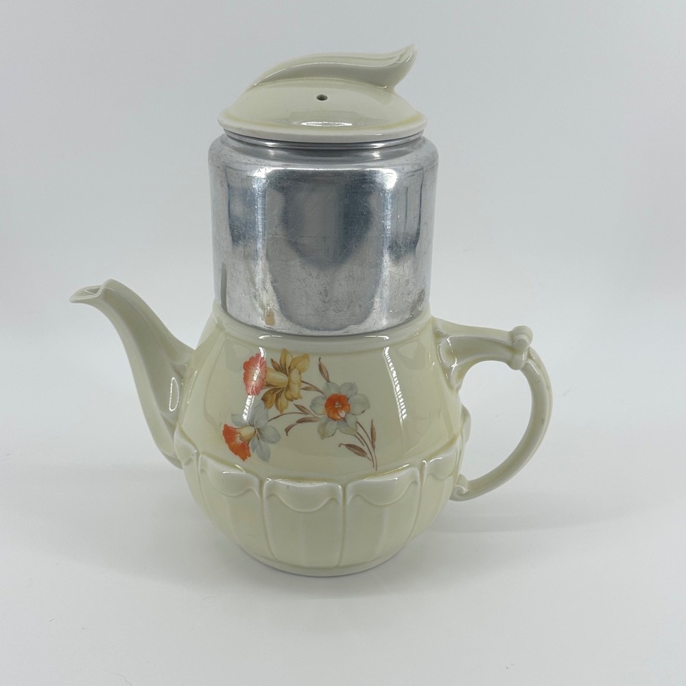 Vintage Hall Ceramic Drip-o-lator Coffee Maker Teapot Floral Daffodil Retro MCM